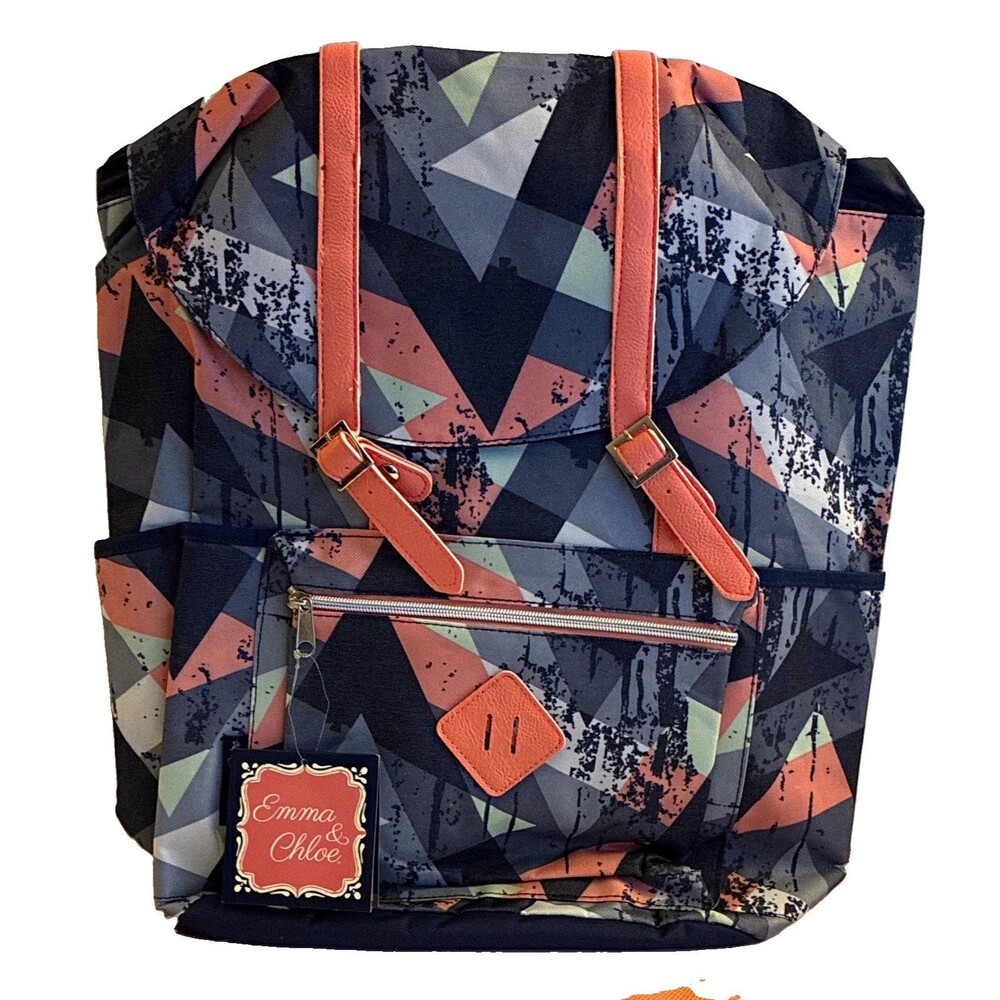 Emma & Chloe Large Canvas Backpack Geometric Boho Tribal Peach Gray Navy NWT